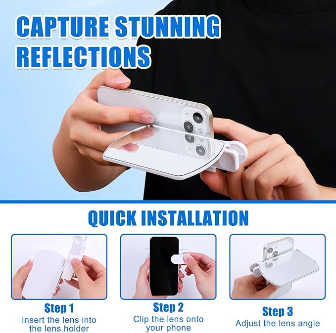 Smartphone Camera Mirror Reflection Clip Kit, Mirror Reflection Clip, Smartphone Selfie Reflector - Adjustable HD Glass Reflection Mirror, Travel Size for Creative Photography (Black)