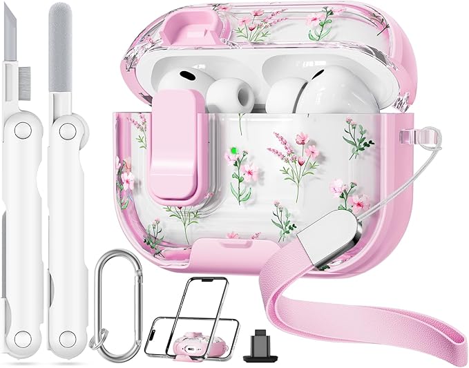 with Safety Lock for AirPods Pro 3 Case 2025,Clear Floral Cute Airpods Pro 3rd Generation Case with Phone Stand & Cleaner Kit for Apple AirPods Pro 3 for Women Girly-Pink Narcissus