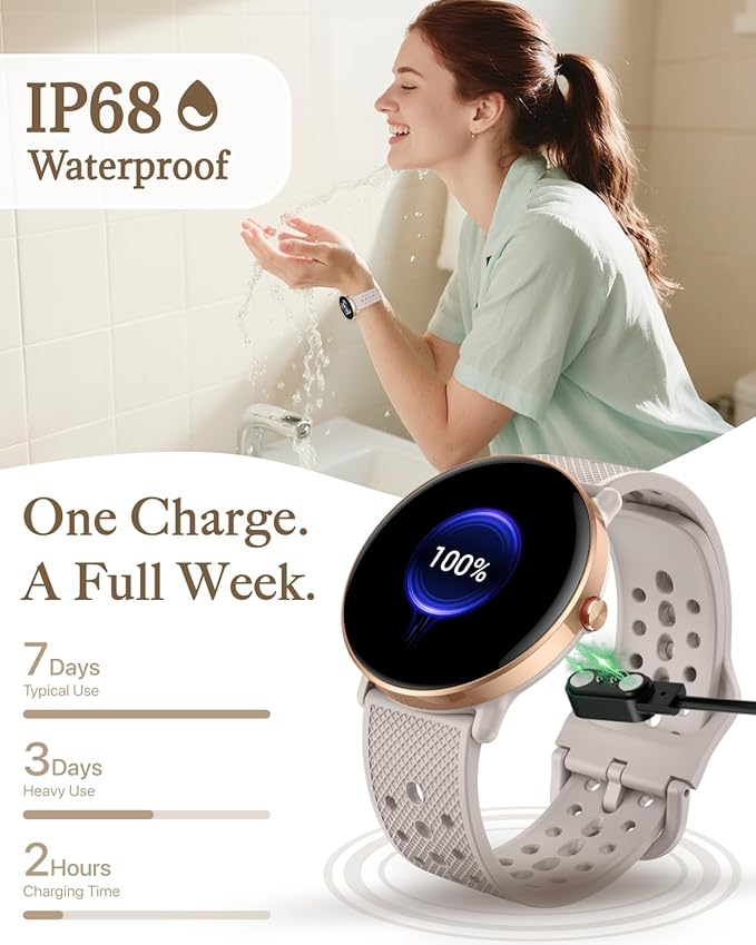 Smart Watch for Women Men, for Android iOS with Sleep & Calorie Monitor, Pedometer Fitness Tracker, Bluetooth Call, IP68 Waterproof, 112+ Sport Modes Round Face Smartwatch (Gold-Pink)