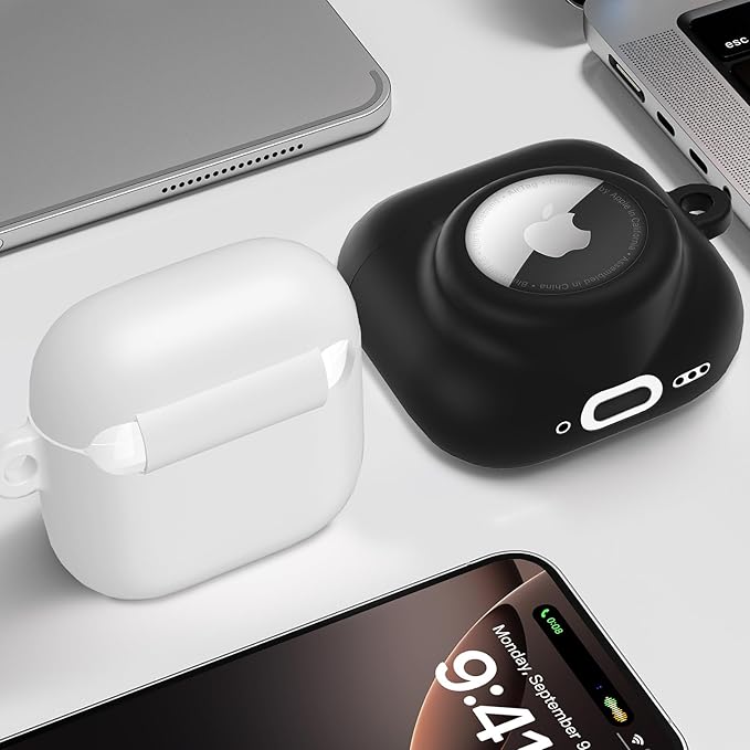 2 in 1 Silicone Case Compatible with AirPod 4 and AirTag 2/1, Shockproof Protective Skin Cover for AirPods 4th Generation with Cleaner Kit & Carabiner (Black)