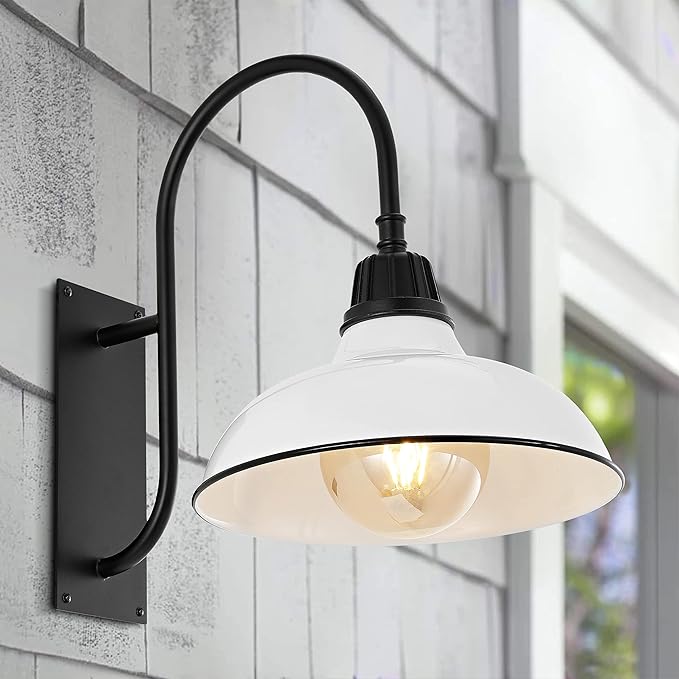 JONATHAN Y JYL7614A Stanley 12.25" 1-Light Farmhouse Industrial Indoor/Outdoor Iron LED Gooseneck Arm Outdoor Sconce Metal Bowl Shade Vintage Cottage Rustic Porch Patio Yard Barn, White
