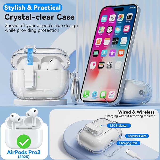 for AirPods Pro 3 Case, Anti-Yellowing Clear Case with Safety Lock, Phone Stand & Auto-Open Lid for AirPods Pro 3rd Gen 2025 Case Cover for Women Men Girly with Cleaning Kit & Keychain