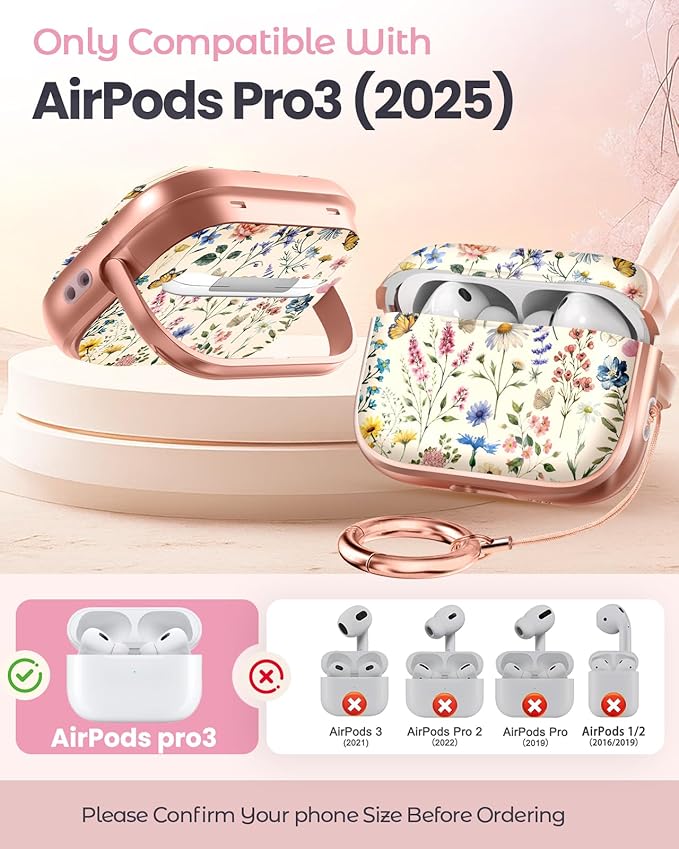 Coralogo for AirPods Pro 3 Case with Safety Lock - Cute Cartoon for Women Girls Fashion Stylish Retro Flower Pattern Design Kawaii Girly Girlish Hard Protective Cover for AirPods Pro 3rd Generation