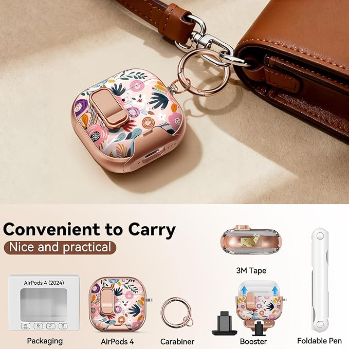 for AirPods 4 Case, with Safty Lock & Phone Stand for Floral AirPods 4th Generation Case Cover for Women Girly, iPod 4 Case with Keychain & Cleaner Kit - Pink Berry Flower