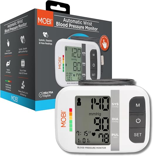 MOBI-Wrist Blood Pressure Monitor Bp Monitor Large LCD Display Blood Pressure Machine Adjustable Wrist Cuff 5.4-7.7-Inch Automatic 120x2 Sets Memory for Home Use