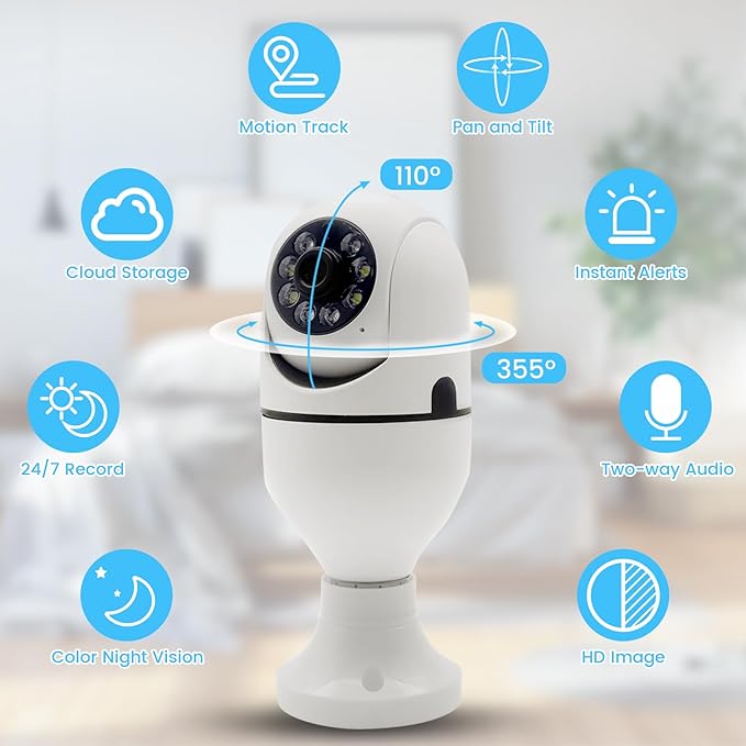 Light Bulb Security Camera, 2 Pack 2K/3MP Outdoor Camera Wireless 2.4G Hz WiFi E27 Camera for Home Security, 24/7 Recording, Motion Detection and Alarm