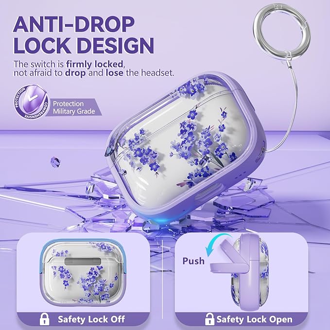 Inesore for AirPods Pro 2nd Generation Case Cover with Lock, Flowers Cute AirPod Pro 2 Case Hard iPod Pro Cases for Women Girls with Cleaner Kit for AirPod Pro Cases (2023 USB-C /2022/2019) - Purple
