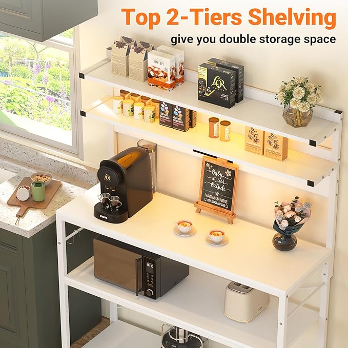 Aheaplus Bakers Rack with Power Outlet, Microwave Stand, 5 Tiers Coffee Bar Station with Led Lights, Kitchen Storage Shelf with 6 S-Shaped Hooks, Kitchen Rack Coffee Bar Stand, White