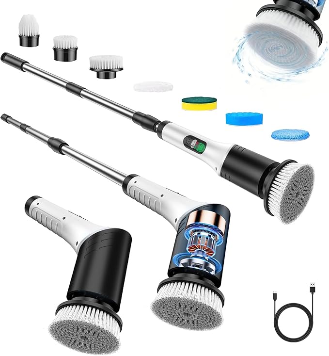 Electric Spin Scrubber, Cordless Power Cleaning Brush with 7 Replaceable Heads, Adjustable Long Handle, & LCD Display, IPX6 Waterproof Shower Scrubber for Bathroom, Tub, Tile, Floor & Car