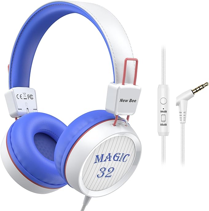 New Bee Kids Headphones for School with Microphone KH20 HD Stereo Safe Volume Limited 85dB/94dB Foldable Lightweight On-Ear Headphone for PC/Mac/Android/Kindle/Tablet/Pad (White)