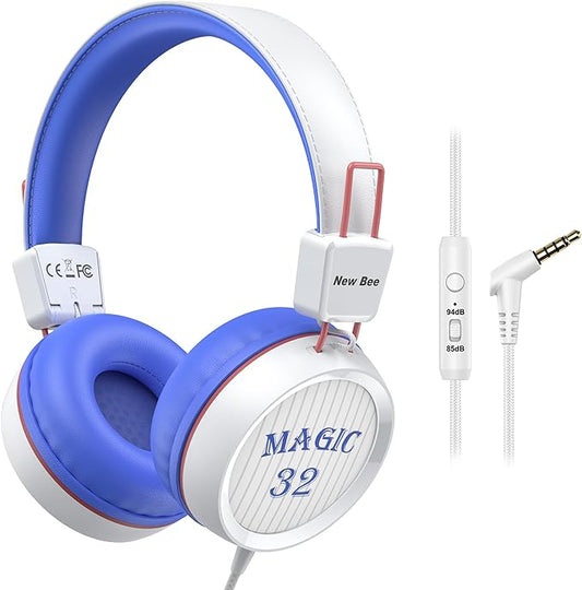 New Bee Kids Headphones for School with Microphone KH20 HD Stereo Safe Volume Limited 85dB/94dB Foldable Lightweight On-Ear Headphone for PC/Mac/Android/Kindle/Tablet/Pad (White)