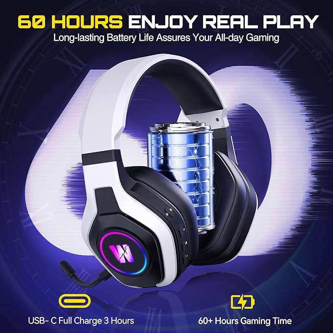 Wireless Gaming Headset for PS5, PC, PS4, 2.4G/Bluetooth Gaming Headphones with Noise Canceling Microphone, USB and Type-C Connector, 7.1 Surround Sound, RGB Lighting, 60H Battery