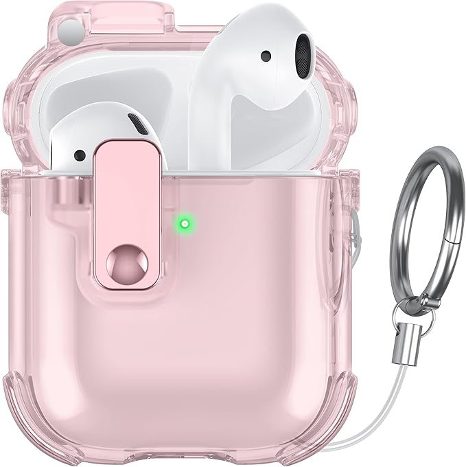 Case for AirPods 1/2 Case Cover with [Lock Safety & Pop Up][Military Shockproof] Anti-Yellow Transparent Soft TPU Wireless Charging for AirPods 1st/2nd Generation Case with Keychain,Clear Pink