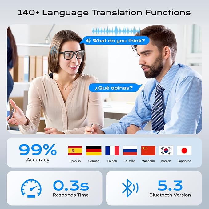 AI Smart Glasses ,Bluetooth Glasses with 140+ Languages Online Translation, Photochromic Lenses, Built-in Mic & Speakers,Anti-Blue Light Lens with Listening Voice Control,Perfect for Indoor Outdoor