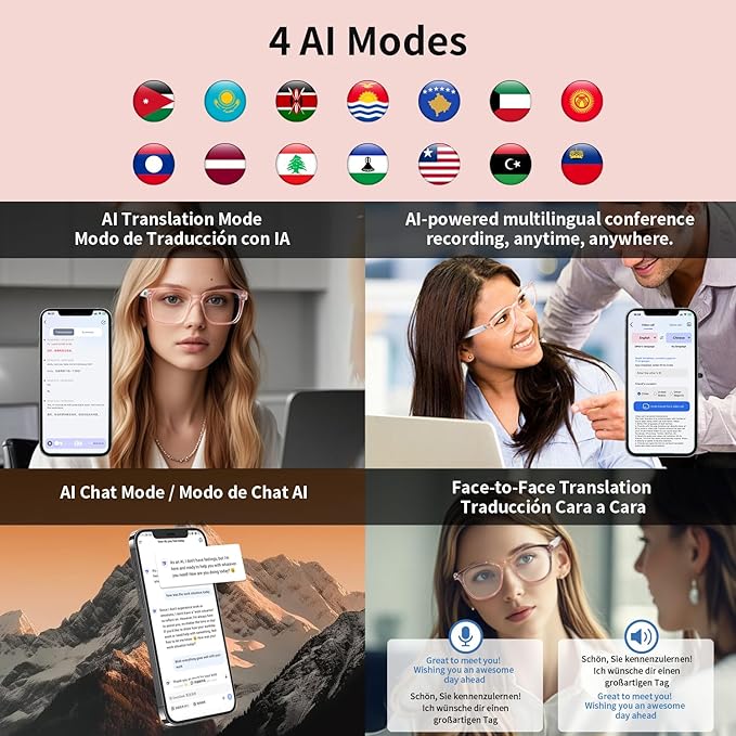 AI Smart Glasses with Real-Time Translation, Wireless Bluetooth 5.3, Smart Simultaneous Interpretation for 160+ Languages, Open-Ear Design,Clear Frame Blue Light Glasses for Woman Travel,Work