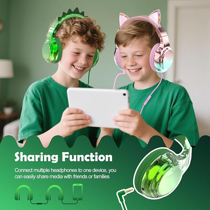 QearFun Kids Dinosaur Headphones Wired with Mic, 85/94dB Safe Volume Limit, Sparkly Wired Headset, Foldable, Sharing Port & Tangle-Free Cord for School, Chromebook, Tablet, Travel, Boys & Girls