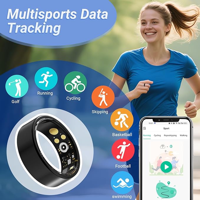 Health Rings for Women Men, Fitness Tracker with Heart Rate,Blood Oxygen, Blood Pressure, Sleep/Step Tracker, IP68 Waterproof Smart Ring for iPhone & Android (Gold, 12#)