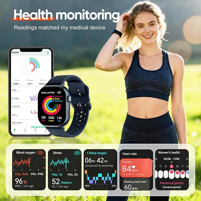 Smart Watch with 2 Bands: Step & Calorie Counter, Heart Rate & Oxygen Sensor, GPS Running, Swimming, Walking, Sports Tracker, Waterproof, Health Monitoring, Music & Call Alert Men Women iOS/Android