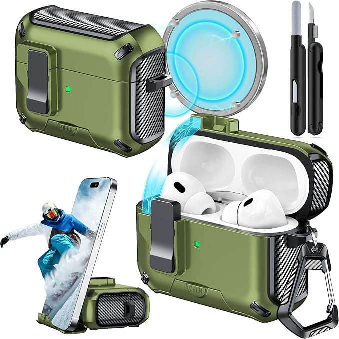 for AirPods Pro 2nd/1st Case (2023/2022/2019) with Phone Stand,（with Automatic Snap Switch） Carbon Fiber Design Protection Cover with Cleaning Pen,Dark Green