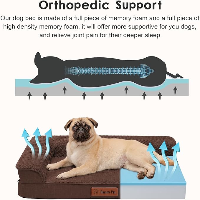 Orthopedic Dog Bed Medium Size Dog, 35x23x6 Inches Memory Foam Pet Bed for Medium and Large Dogs, Washable Removable Cover, Nonskid Bottom, Waterproof, Brown Grey