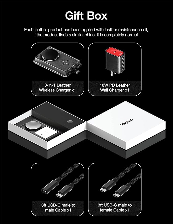 VogDUO 3 in 1 Wireless Magnetic Charger - Foldable Retractable 15W Charging Stand Genuine Leather Nightlight, Compatible with iPhone 16/17, AirPods Pro 3, Apple Watch (Black)