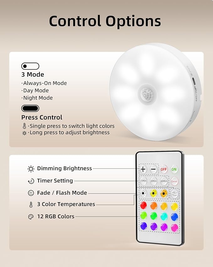 EZVALO Under Cabinet Lighting with Charging Station,1000mAh Rechargeable Puck Lights with Remote, 3 Color Temps & 12 RGB Closet Lights, Dimmable Motion Sensor Lights for Shelf, Kitchen (3 Packs)