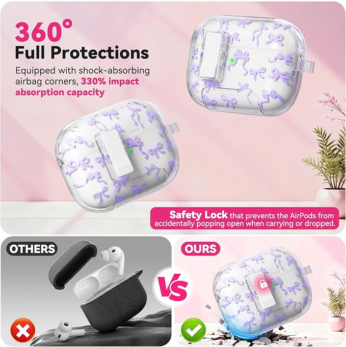 for AirPods Pro 3 Case with Secure Lock & Phone Stand, Bow-Print Clear Case for Apple AirPods Pro 3rd Generation 2025 Cover with Cleaner Keychain for Women Girly (Purple, Airpods Pro 3 (2025))