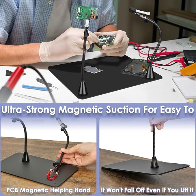 Drdefi Helping Hands Soldering Station, 10X Square Magnifying Glass with Light and Stand, 4 Magnetic Third Hands Soldering Tool, PCB Holder Solder Magnifier Desk Lamp for Soldering Electronic Repair