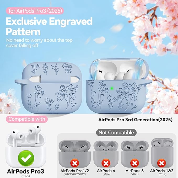for Airpods Pro 3 Case with Magnetic Lid, Flower Engraved Case Cover Compatible with AirPods Pro 3rd Generation 2025, Soft Silicone Cases with Keychain & Cleaner for Women Girly, Shockproof