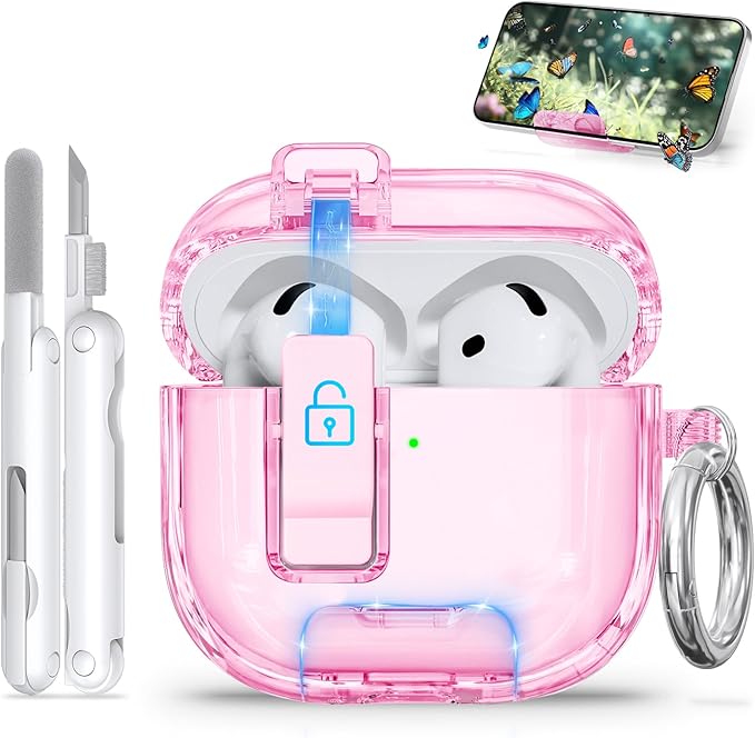 for AirPods 4 Case with Phone Stand & Safety Lock, Auto-Open Clear AirPod Case Compatible with Apple AirPods 4th Gen 2024, Anti-Scratch & Shockproof Protective Cover with Cleaning Kit & Keychain