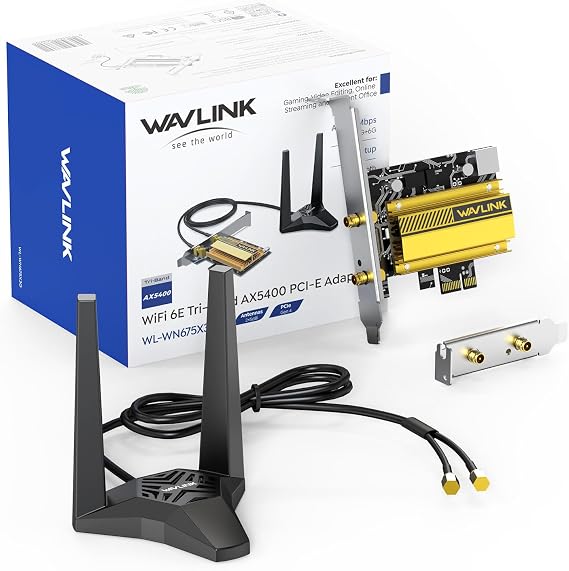 WAVLINK AXE5400 PCIe WiFi 6E WiFi Card with Magnetic Antennas, 2026 Tri-Band Wireless Network Card with Bluetooth 5.3, AX210 Chip, MU-MIMO, WPA3, OFDMA, Low-Profile Bracket, Heat Sink