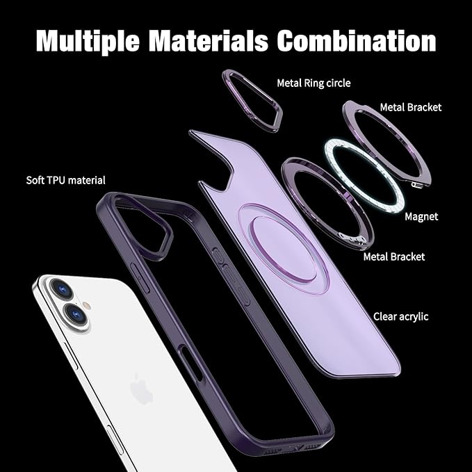 for iPhone 16 Case with Screen Protector & Lens Protector [15 FT Military Drop Protection] Magnetic Kickstand Compatible with MagSafe Slim Translucent Case (Deep Purple)