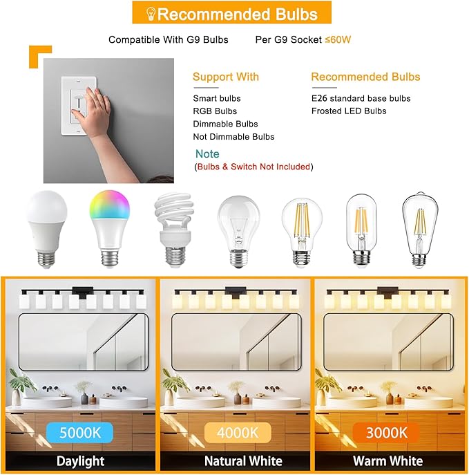 8 Light Bathroom Vanity Light, Black 8-Light Bathroom Light Fixtures, Vanity Lights for Bathroom with Milky White Frosted Glass Shades, Lighting Fixtures Over Huge Mirror, Wall Lamp for Living Room