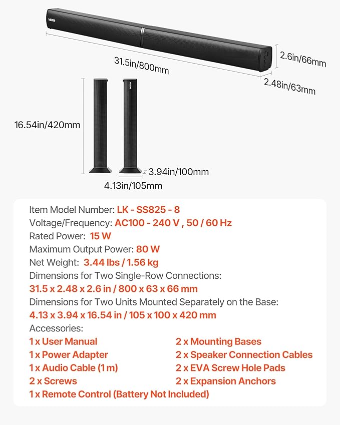 VEVOR Sound Bar for Smart TV, 2.0 Channel, 32-Inch 2 in 1 Detachable Soundbar TV Speakers, with Bluetooth HDMI AUX USB Connection, Remote Control, 80W Surround Sound System, for Home Theater Audio