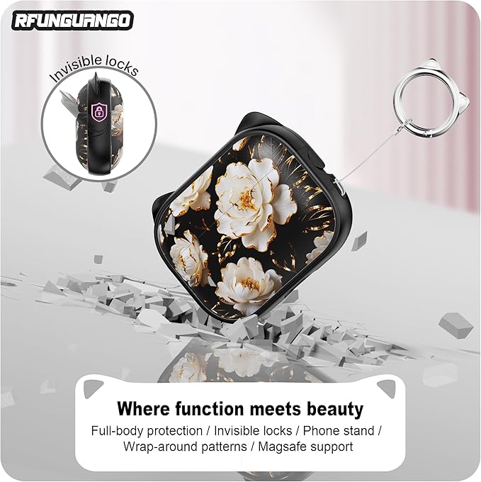 RFUNGUANGO AirPods Pro Case for Women Girly Cat Case with Lock, Phone Stand, Keychain & Cleaner Kit, Compatible with Apple Airpods Pro 2nd/1st Generation Case Cover, Black Peony