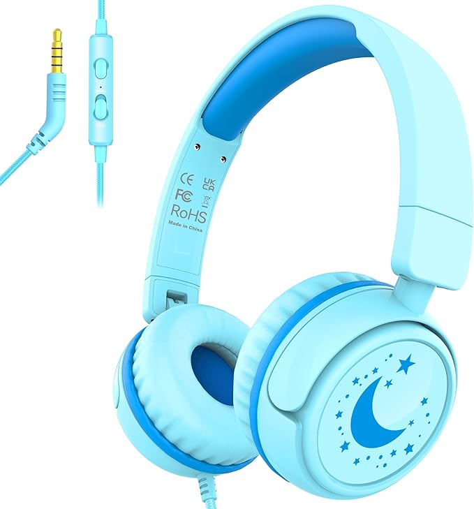 Kids Headphones with Cord for School, 85/94dB Volume Limit Headphones for Kids, Portable Wired Headphone with Shareport, Stereo Sound Foldable Headset for School/Tablet/iPad/Kindle (Cyan)