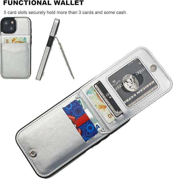 KIHUWEY Compatible with iPhone 15 Case Wallet with Credit Card Holder, Flip Premium Leather Magnetic Clasp Kickstand Heavy Duty Protective Cover for iPhone 15 6.1 Inch (Silver)
