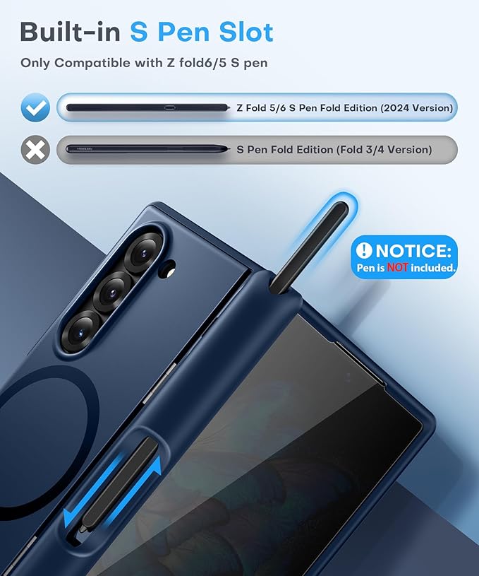 BERFY for Z Fold 6 Case with Privacy Screen Protector, [Compatible with MagSafe] Built-in Kickstand & S Pen Slot & Hinge Protection, Full Body Shockproof Phone Case for Samsung Galaxy Z Fold 6, Blue