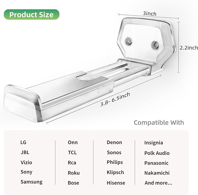 ELETIUO Soundbar Wall Mount Bracket,Depth Adjustable 3.8-6.5 inch,Universal Sound Bar Mount Under TV for Samsung, Sony, LG, Vizio, Bose, JBL, Sonos, Holds up to 50 lbs,Transparent