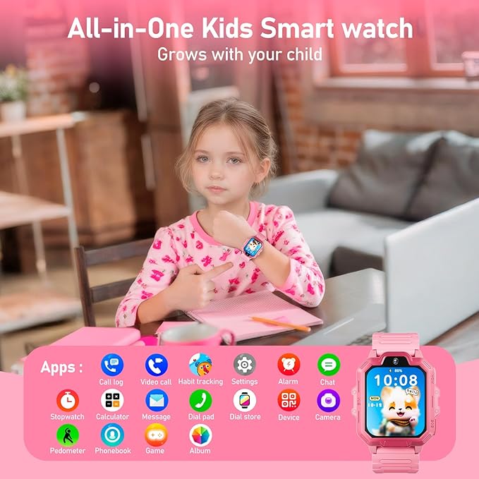 4G Kids Smart Watch, T17 Smartwatch Gifts with Panda Holder, GPS Tracker, Video Calling, SOS, Voice Chat, SMS, School Mode, Puzzle Games, HD Touch Screen for Boys & Girls 3-12（Pink）
