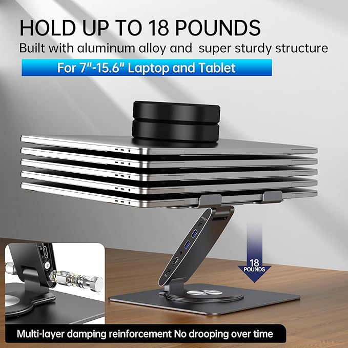 Laptop Docking Station Stand Dual Display 4K HDMI USB3.0 3.5mm Audio Jack 8-IN-1 360° Swivel Laptop Stand for Desk with USB-C Hub Multiport Adapter Universal for MacBook Pro/Air/Dell/HP/Surface/Lenovo
