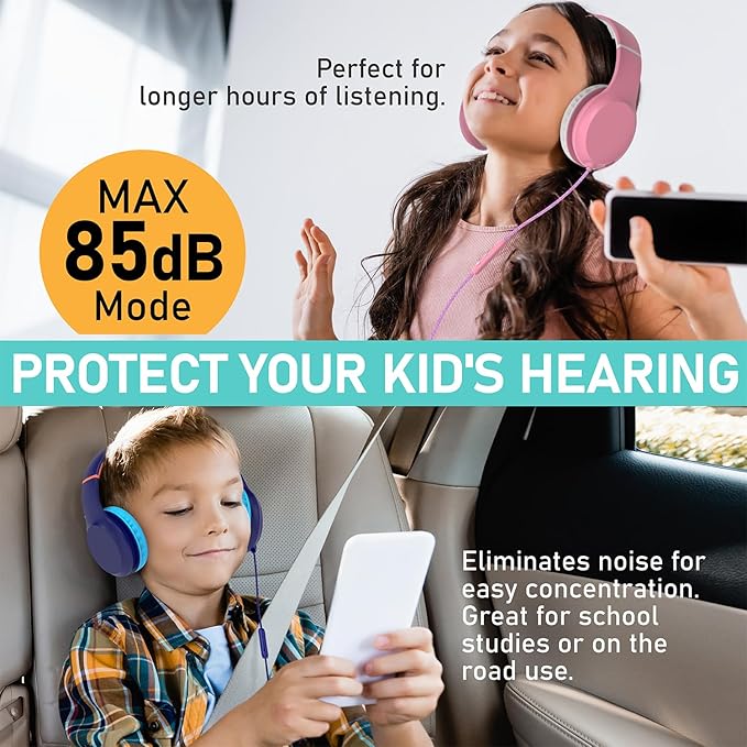 FosPower Kids Headphones with 3.5mm Laced Cables, Children & Teens Over The Ear Foldable Adjustable Headset w/Built-in Mic for Smartphones/PC/Tablet/Laptop/School (Max Volume 85dB) – Pink/White