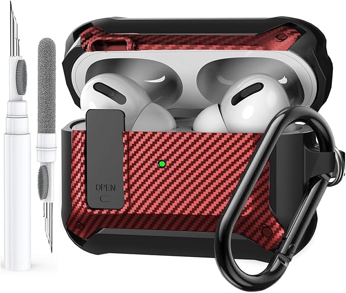 for Airpods Pro 2/1 Gen Case Cover with Lock Clip (2019/2022/2023), Rugged Locking Protective Case for Airpod Pro 2nd Generation Shockproof Armor Skin for Apple iPod Pro, Black/Red