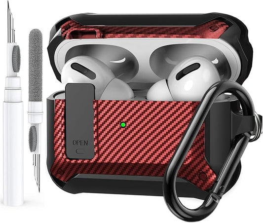 for Airpods Pro 2/1 Gen Case Cover with Lock Clip (2019/2022/2023), Rugged Locking Protective Case for Airpod Pro 2nd Generation Shockproof Armor Skin for Apple iPod Pro, Black/Red