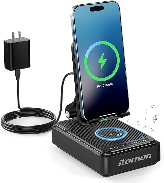 Jteman Cell Phone Stand with Bluetooth Speaker and Wireless Charger