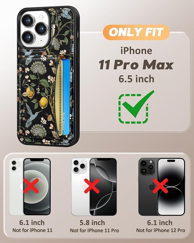 for iPhone 11 Pro Max Case with Wallet - Fits 4 Card Slots, Compatible with MagSafe for Women Aesthetic DurPU Leather Credit Card Holder Kickstand Phone Cover for Apple 11 Promax, Lemon Bird