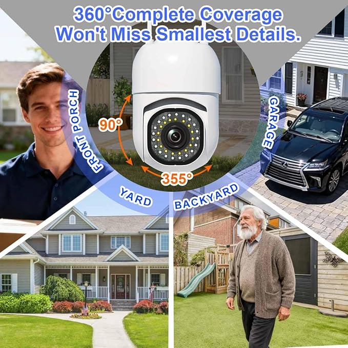 3MP Security Camera Outdoor, 2K HD Cameras for Home Security, Support 2.4GHz WiFi, 360° PTZ Auto Tracking, 2-Way Audio, Motion Detection and Siren, Cloud/SD Storage, Waterproof