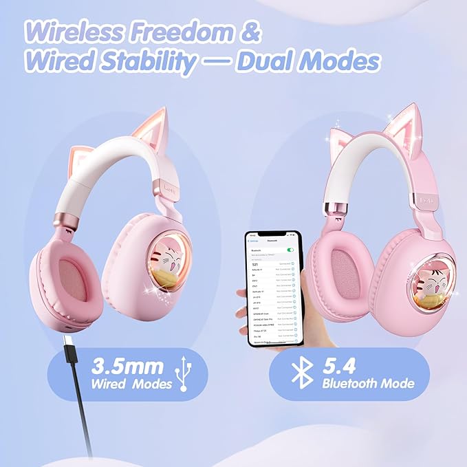 esonstyle Kids Headphones Cat Ear - Bluetooth 5.4 Over-Ear Noise Cancelling Headphones with Microphone LED Lights Up 85dB Safe Volume Limit Wireless or 3.5mm Wired USB C for Travel iPad Tablet (Pink)