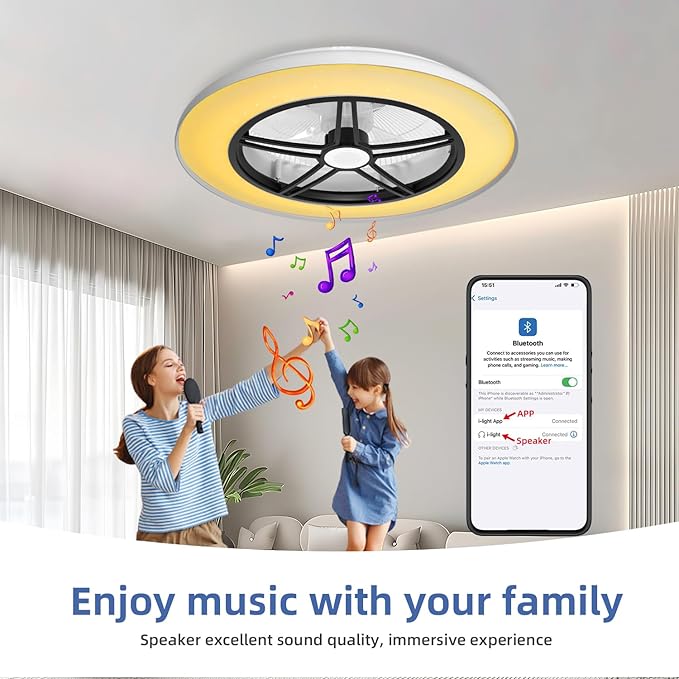 BAYSQUIRREL Bluetooth Bladeless Ceiling Fan with Speaker, Low Profile Ceiling Fan with Light and Remote/APP Control,6 Speeds Reversible 3 Color LED Dimmable Flush Mount Ceiling Fans for Bedroom