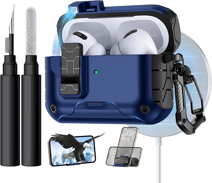 Lerobo for AirPods Pro 2 Case with Cleaner Kit & Phone Stand,Hard Protective Cover Compatible with Magsafe for AirPods Pro 2nd/1st (USB-C/Lightning Cable), Magnetic Lock,Drop Protection, Navy Blue